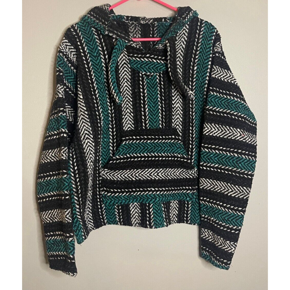 Baja Mexican Poncho Green Hoodie Surfer Skater Rug Jacket Unisex Medium